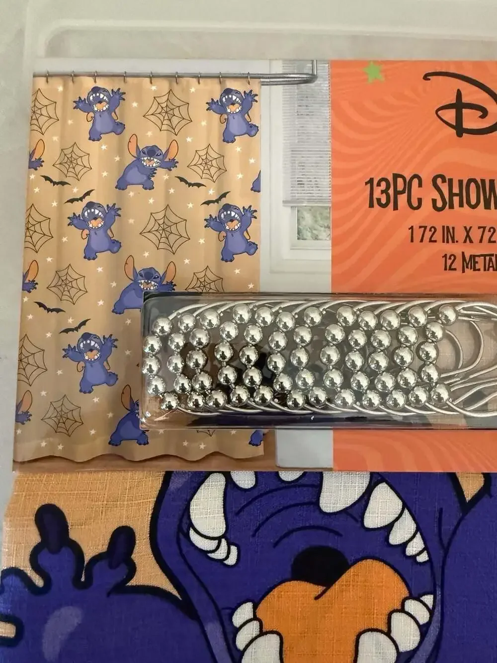 Disney 13PC Stitch Halloween Shower Curtain Set with Metal Roller Hooks